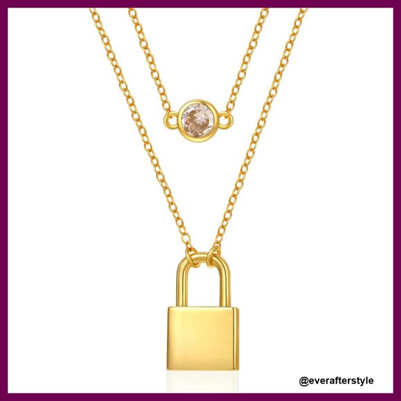 14K Gold Layered Lock Necklace Elegant Minimal Chic Pendant Jewelry